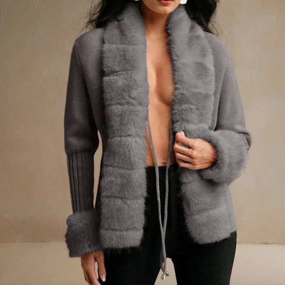 Dark Grey Casual Women's Elegant Faux Fur Knit Cardigan Sweater - Picture 4 of 8